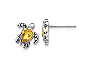 Rhodium Over Sterling Silver Antiqued Crystal November Birthstone Turtle Earrings