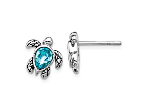 Rhodium Over Sterling Silver Antiqued Crystal December Birthstone Turtle Earrings