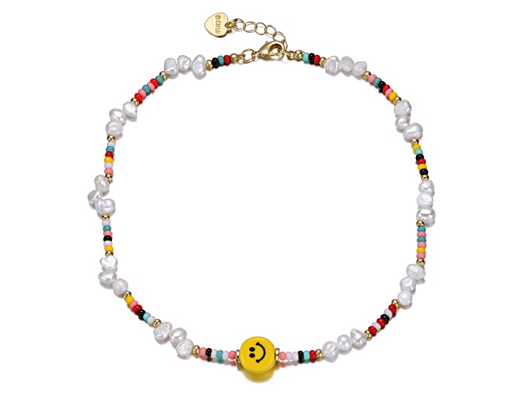 Kids' 14k Gold Plated over Brass with Freshwater Pearls and Smiley Face Bead Necklace