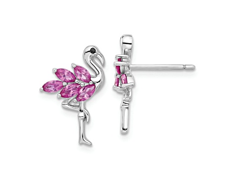 Rhodium Over Sterling Silver Pink Crystal Flamingo Post Earrings