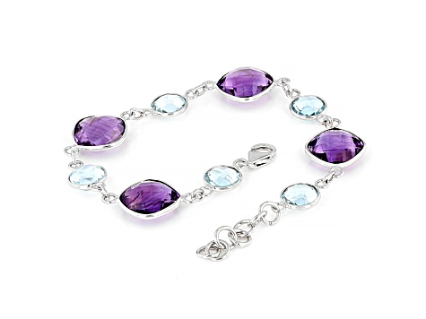 12mm Cushion Cut Amethyst and 8mm Round Blue Topaz Sterling Silver bracelet 32ctw