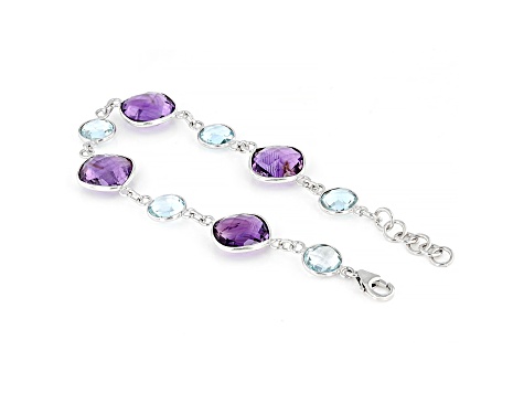 12mm Cushion Cut Amethyst and 8mm Round Blue Topaz Sterling Silver bracelet 32ctw