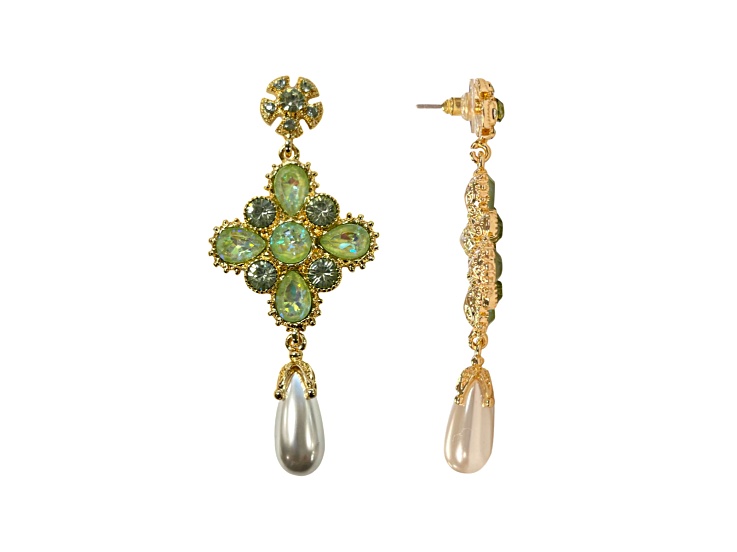Gold Tone Green AB Crystal with Pearl Drop Earring