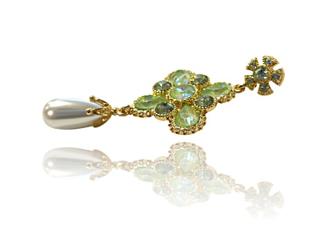 Gold Tone Green AB Crystal with Pearl Drop Earring