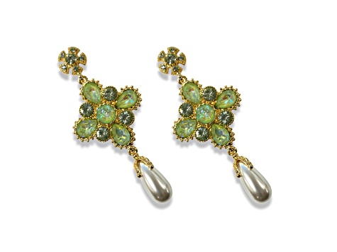 Gold Tone Green AB Crystal with Pearl Drop Earring