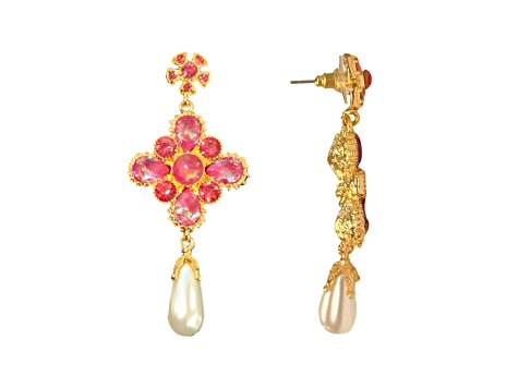 Gold Tone Pink AB Crystal with Pearl Drop Earring