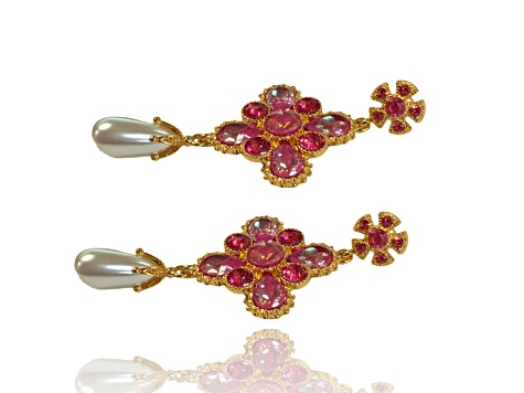 Gold Tone Pink AB Crystal with Pearl Drop Earring