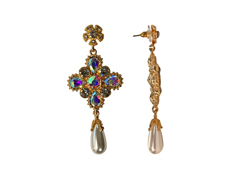 Gold Tone AB Crystal with Pearl Drop Earring