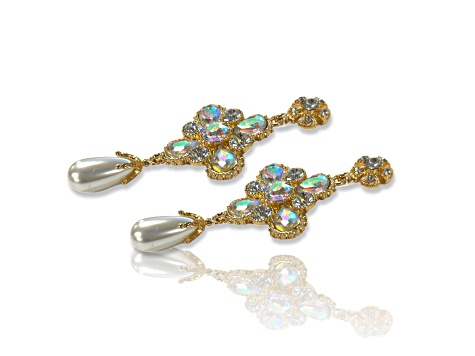 Gold Tone AB Crystal with Pearl Drop Earring