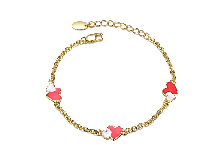 14K Gold Plated over Sterling Silver Red & White Enamel Double Heart Charm Bracelet for Kids
