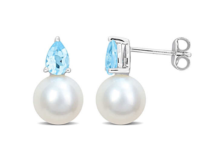 8.5-9MM Freshwater Cultured Pearl and 7/8 CT TGW Blue Topaz Stud Earrings in Sterling Silver