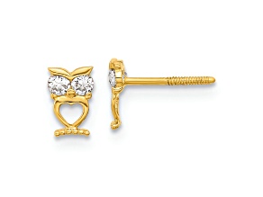 14K Yellow Gold Children's Owl with Cubic Zirconia Stone Eyes Stud Earrings