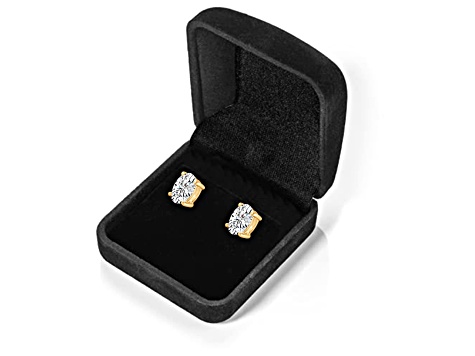 White Cubic Zirconia 14k Yellow Gold Studs With Velvet Gift Box 1.00ctw