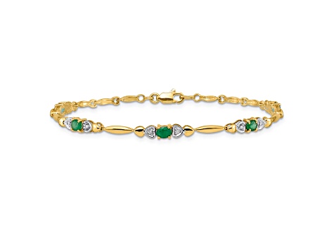 10k Yellow Gold and Rhodium Over 10k Yellow Gold Diamond and Emerald Bracelet