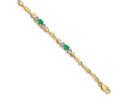 10k Yellow Gold and Rhodium Over 10k Yellow Gold Diamond and Emerald Bracelet