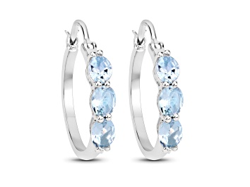 Picture of Blue Aquamarine and White Diamond 18K White Gold Over Sterling Silver 3 stone Hoop Earrings