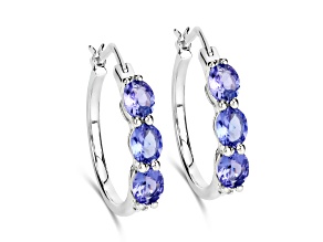 Blue Tanzanite and White Diamond 18K White Gold Over Sterling Silver 3 stone Hoop Earrings