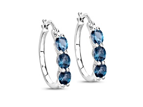 London Blue Topaz and White Diamond 18K White Gold Over Sterling Silver 3 stone Hoop Earrings