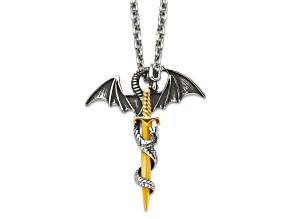 Stainless Steel Antiqued and Polished Yellow IP-plated Dragon/Sword 24-inch Necklace