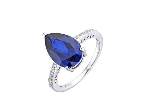 Pear Shape Lab Created Blue Sapphire and White Topaz Rhodium Over Sterling Silver Ring