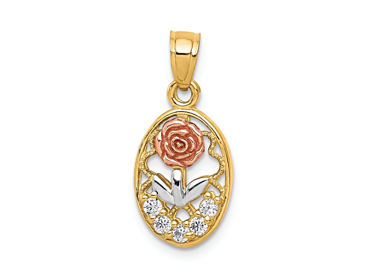 10k Yellow Gold, 10k Rose Gold and Rhodium Over 10k Yellow Gold Cubic Zirconia Rose in Oval Charm