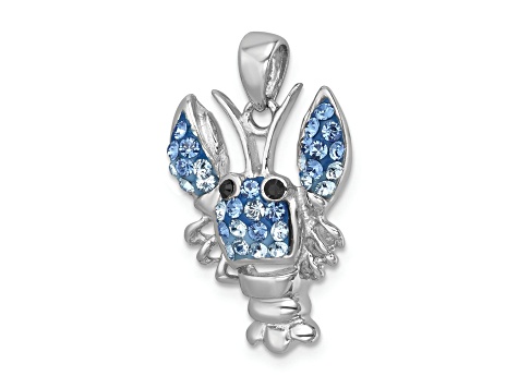 Rhodium Over Sterling Silver Polished Blue Crystal Lobster Pendant