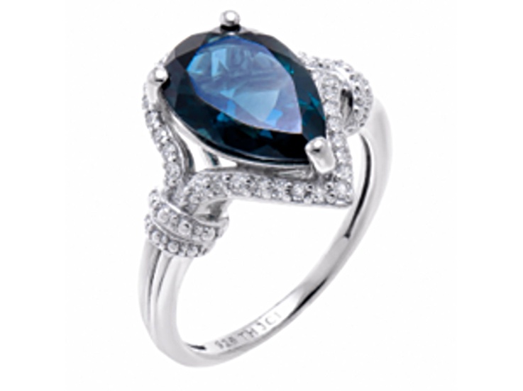 4.95ct Pear London Blue Topaz and 0.15ctw Diamond Rhodium Over Silver Banded Shank Halo Ring 5.1ctw