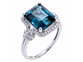 Emerald London Blue Topaz Rhodium Over Sterling Silver Banded Shank Halo Ring 5.95ctw