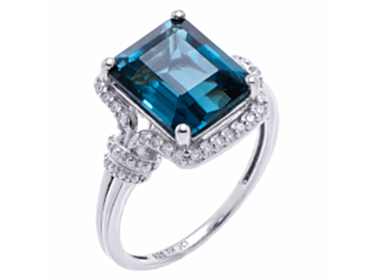 Emerald London Blue Topaz Rhodium Over Sterling Silver Banded Shank Halo Ring 5.95ctw