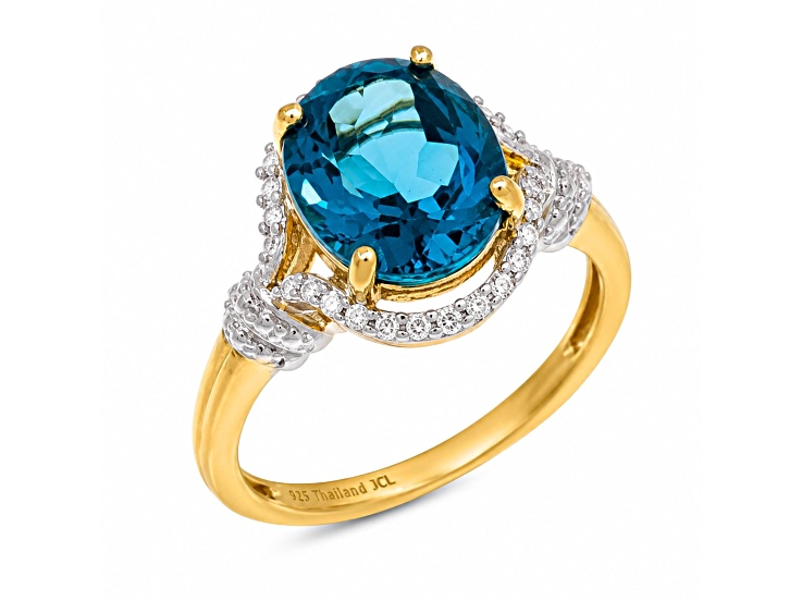 Oval London Blue Topaz 14K Yellow Gold Over Sterling Silver Banded Shank Halo Ring 5.04ctw