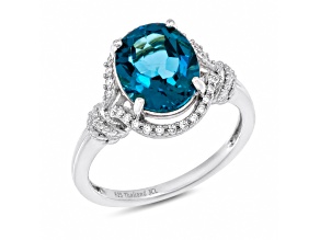 Oval London Blue Topaz Rhodium Over Sterling Silver Banded Shank Halo Ring 5.04ctw