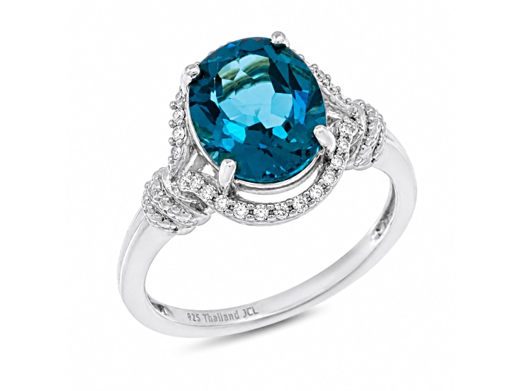 Oval London Blue Topaz Rhodium Over Sterling Silver Banded Shank Halo Ring 5.04ctw