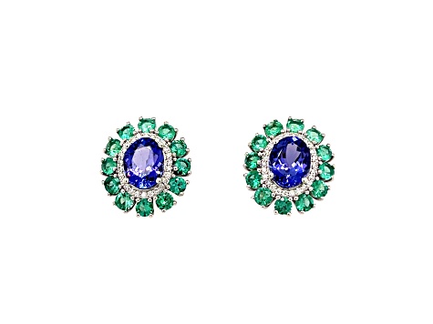 Tanzanite, Emerald and Diamond 14K White Gold Earrings