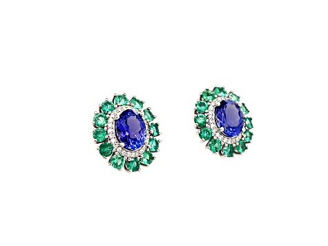 Tanzanite, Emerald and Diamond 14K White Gold Earrings