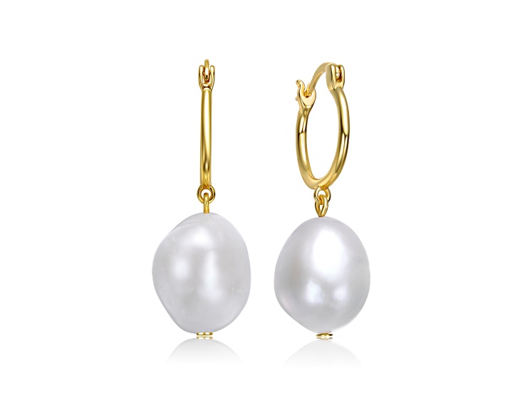 Freshwater Pearl, 14K Yellow Gold Plated over Sterling Silver Dangle Hoop Earrings