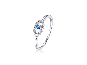 Blue Lab Created Opal and White CZ Ring Rhodium Over Sterling Silver Evil Eye Jewelry
