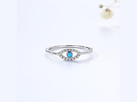 Blue Lab Created Opal and White CZ Ring Rhodium Over