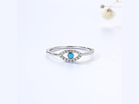 Lab Created Blue Opal and White Cubic Zirconia Rhodium Over Stelring Silver Evil Eye Ring