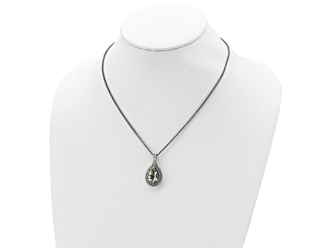 Sterling Silver Antiqued with 14K Accent Diamond and Green Quartz Necklace