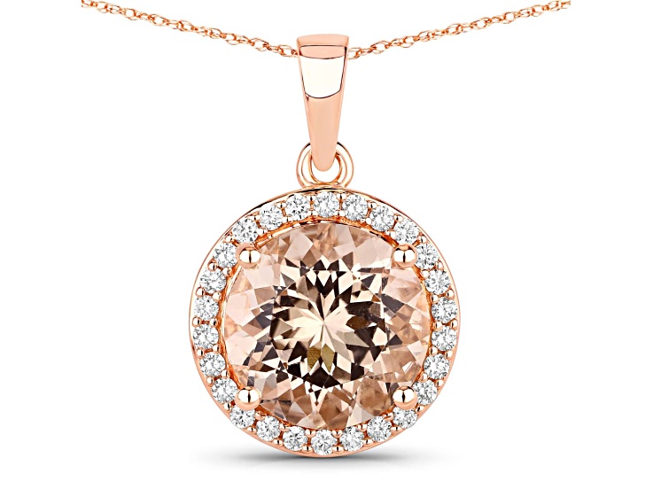 Morganite and White Diamond 14K Rose Gold Round Halo Necklace 3.61 ctw