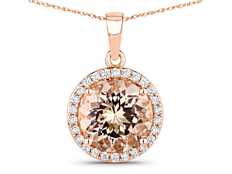Morganite and White Diamond 14K Rose Gold Round Halo Necklace 3.61 ctw
