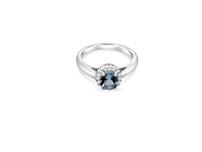 6mm Round Aqumarine and White CZ Rhodium Over Sterling Silver Ring , 0.73ctw