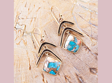 Arrows Blue Turquoise and Spiny Oyster Matrix Golden Drop Earrings