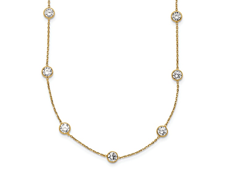 10k Yellow Gold Polished Cable Chain Cubic Zirconia 7 Station 18 Inch Necklace