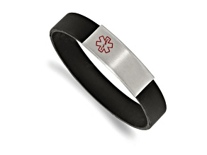 Black Silicone and Stainless Steel Brushed with Red Enamel Stretch Medical ID Bracelet