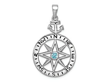 Picture of Rhodium Over Sterling Silver Blue Cubic Zirconia Compass Rose with Small Anchor Pendant
