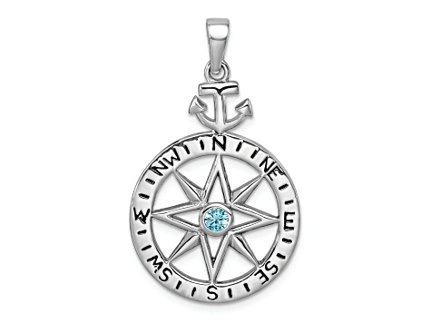 Rhodium Over Sterling Silver Blue Cubic Zirconia Compass Rose with Small Anchor Pendant