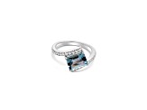 9x7mm Rectangular Octagonal Aquamarine and White CZ Rhodium Over Sterling Silver Ring, 2.03ctw