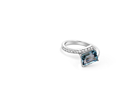 9x7mm Rectangular Octagonal Aquamarine and White CZ Rhodium Over Sterling Silver Ring, 2.03ctw