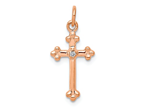 14K Rose Gold Small Diamond Budded Cross Pendant